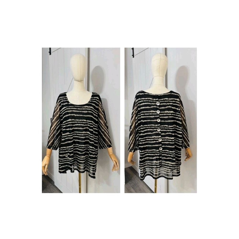 Ali Miles Blouse Tunic Layered Mesh Top BUTTON‎ BACK Lagenlook Flowy 1X XL